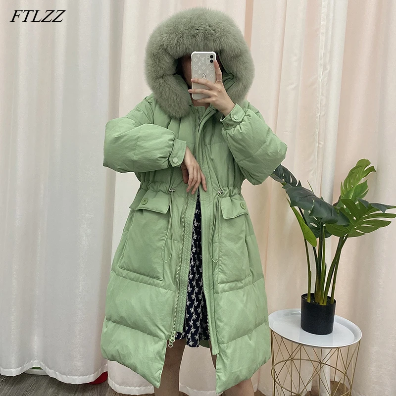 FTLZZ Женская длинная куртка с капюшоном из искусственного меха зимнее пальто на