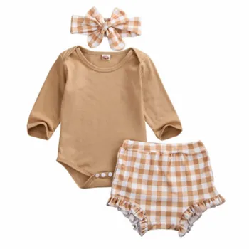 

3PCS Infant Baby Girls Clothes Sets 0-24M Solid Long Sleeve Tops Romper + Plaid Pants Headband Outfits Sumemr Clothes Set