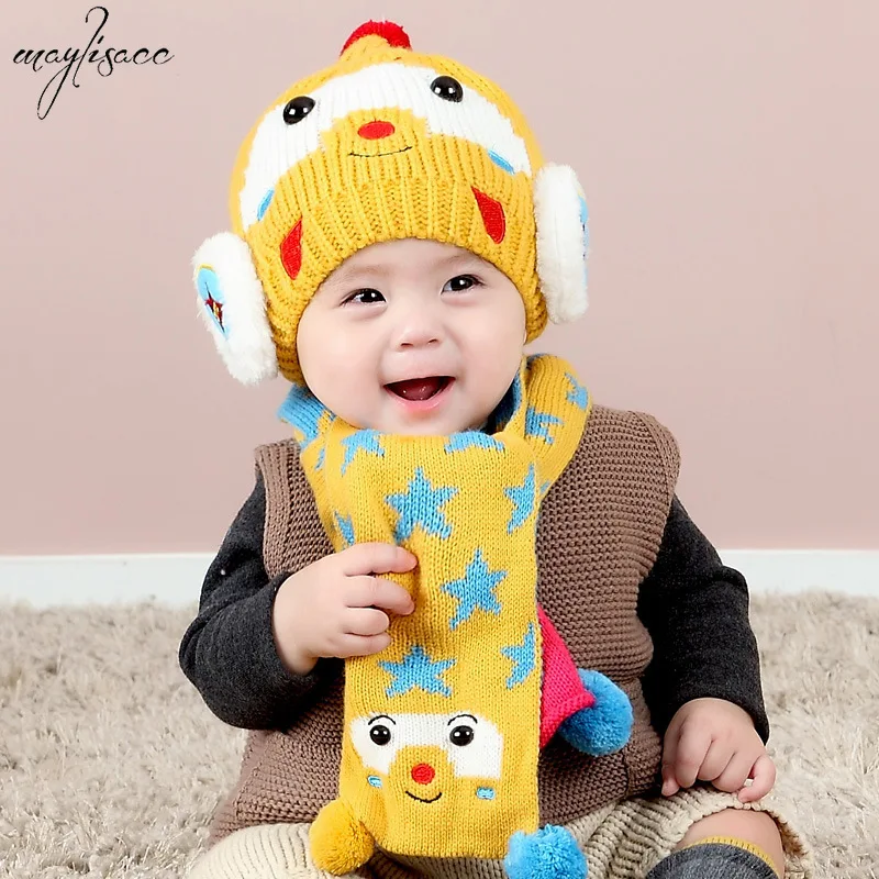 Maylisacc/Новое поступление, детская шапка для мальчиков и девочек 0-3 лет, шарф, комплект из 2 предметов, зимняя шапка с ушками для малышей, набор шапочек-бини