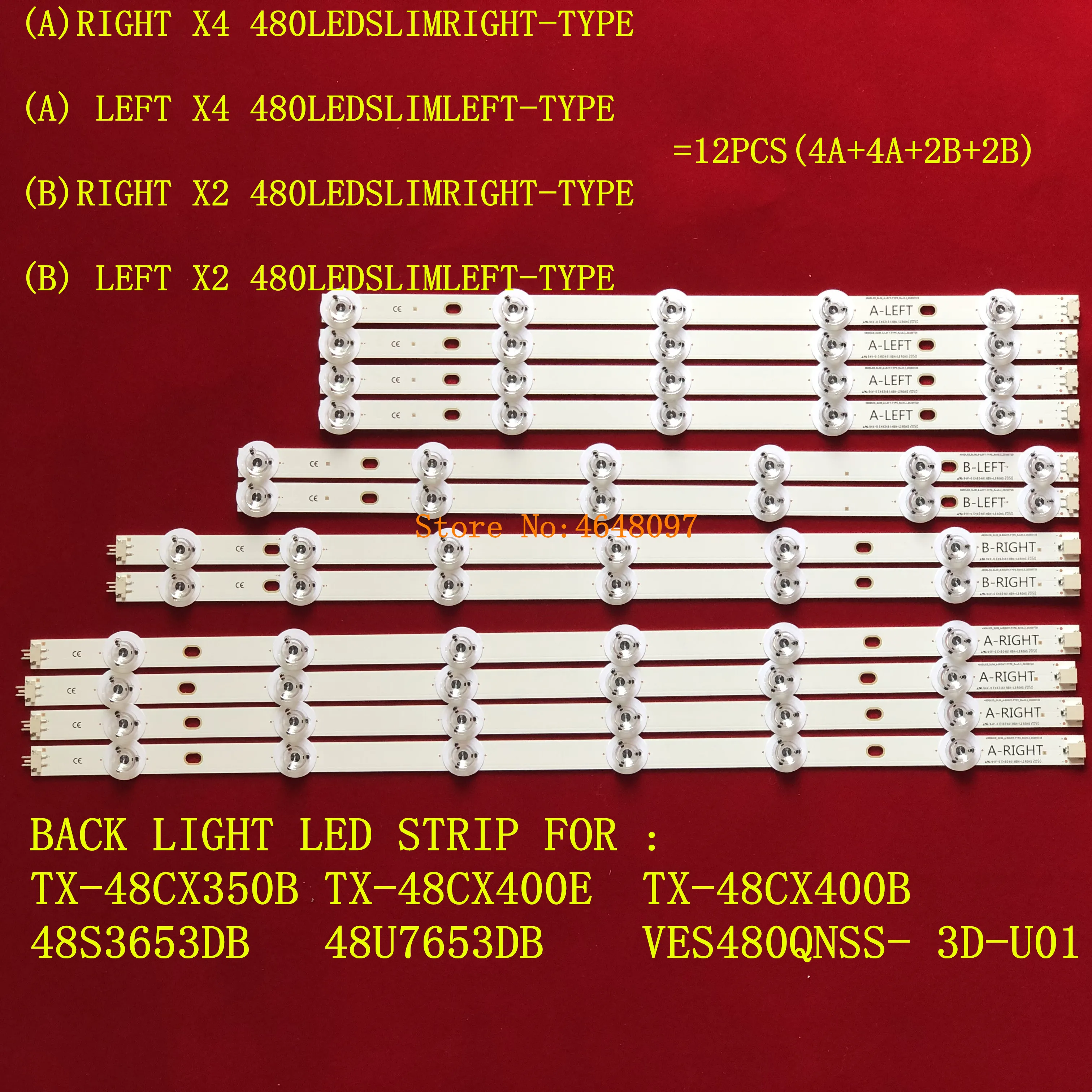 12PCS/lot LED Strip LED Backlight Bar 480DLED_SLIM for TX-48CX350B TX-48CX400E TX-48CX400B 48S3653DB 48U7653DB VES480QNSS-3D-U01