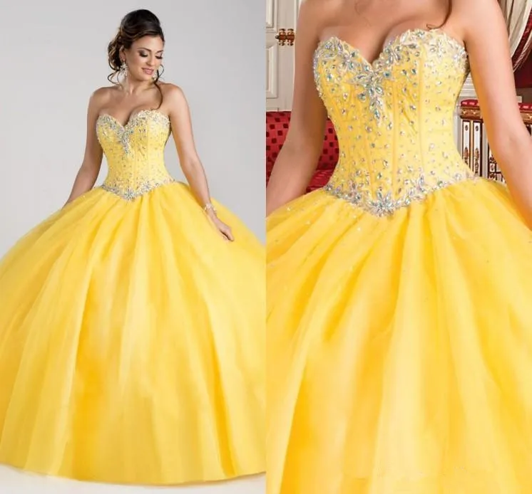 

Gorgeous Princess Yellow Quinceanera Dresses Beaded Crystal Ball Gowns Sweet 16 Dress vestidos de 15 anos Cheap Debutante dress