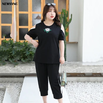 

NEWSYNC Women Sets Tees and Pants 2020 New Summer Spring Embroidery Ladies Suits T-shirts Seven Quarter Trousers Plus Size 4XL