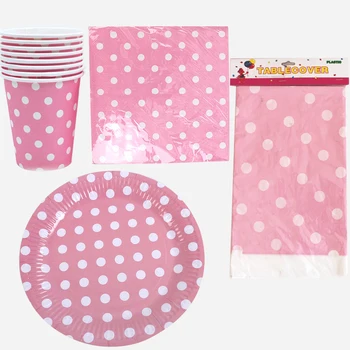 

Baby Shower Table cover Pink Polka Dots Kids Favors Tableware Set Birthday Party Napkins Plates Decorate Tablecloth Cups 61pcs