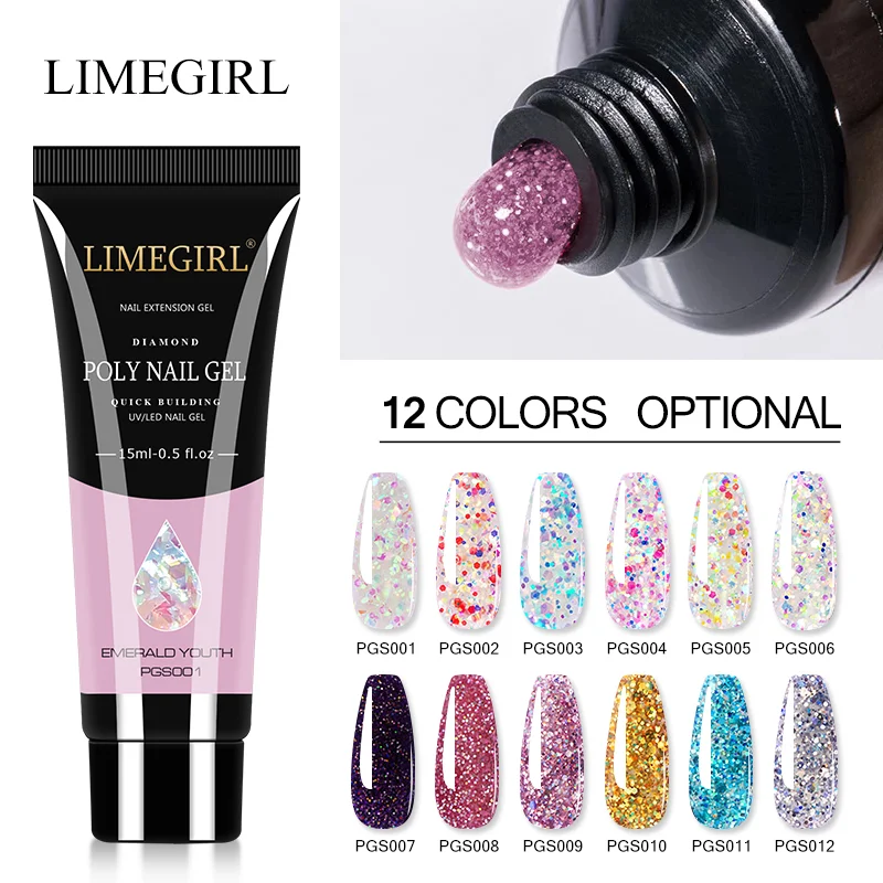Limetgirl Glitter Poly Nail Gel Extension 15G Gel Polish All For Manicure Poly Building Gel Per Unghie Semi Permanente Soak Off Nail Art