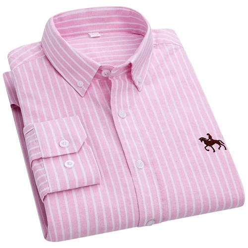 Y1920 pink stripe Дизайн Весенние синие Оксфордские хлопковые мужские деловые рубашки на пуговицах с воротником брендовые официальные мужские рубашки с длинным рукавом - Цвет: Y1920 pink stripe