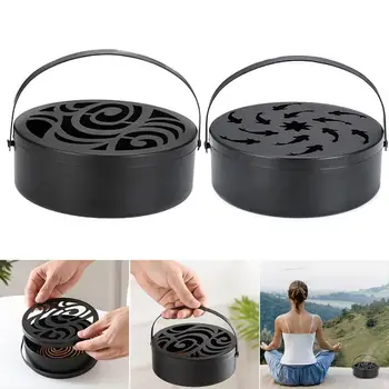 

Round Incense Burner Wrought Iron Office Home Mosquito Coil Holder Portable With Handle Hollow Out Garden Fire Prevention