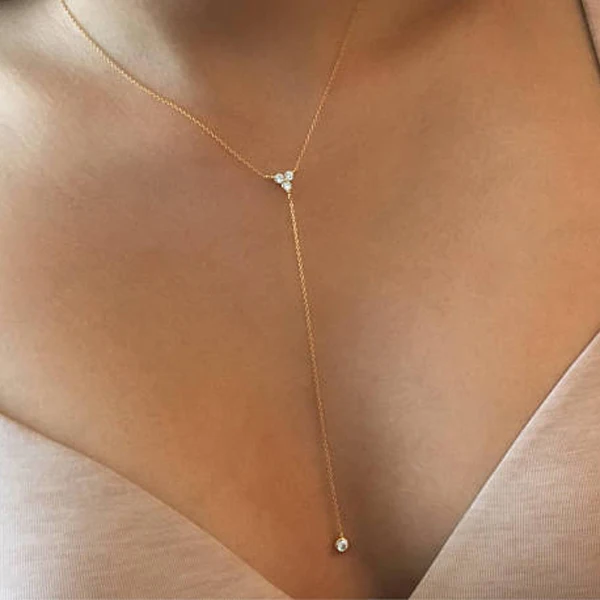 2023 925 Sterling silver simple long chain lariat necklace triangle round cz charm Y shaped minimal deilcate dainty women style