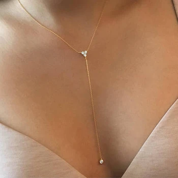 2020 925 Sterling silver simple long chain lariat necklace triangle round cz charm Y shaped minimal deilcate dainty women style