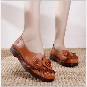 

2019 New Genuine Leather Women Shoes Flower handmade Casual Single shoes Flat Round Toe Boat Shoes Soft Comfortable Women Flats