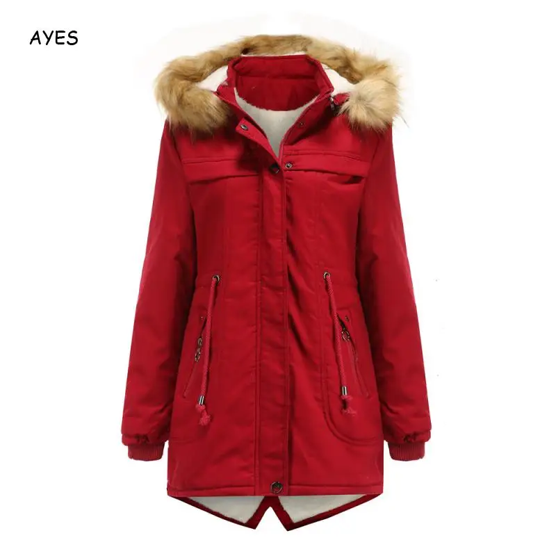 Women High Quality Keep Warm Overcoat Fur Hap Zipper Pockets Outers Autumn Winter Cotton Women Parkas Red Female Plus Size 3xl