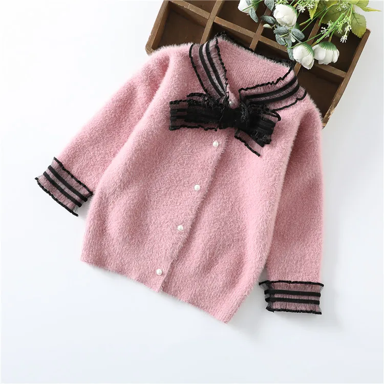 Cardigan pink Осенне-зимний Кардиган; свитера для девочек; вязаные пальто; толстый свитер с пряжкой и жемчугом для девочек; одежда из искусственного меха для девочек; весенние пуловеры - Цвет: Cardigan pink