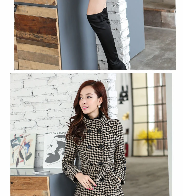 Hd4cc9bbfd40642919c02a7a21bc04040K - Winter Stand Collar Pockets Buttons Houndstooth Thicken Woolen Coat with Belt