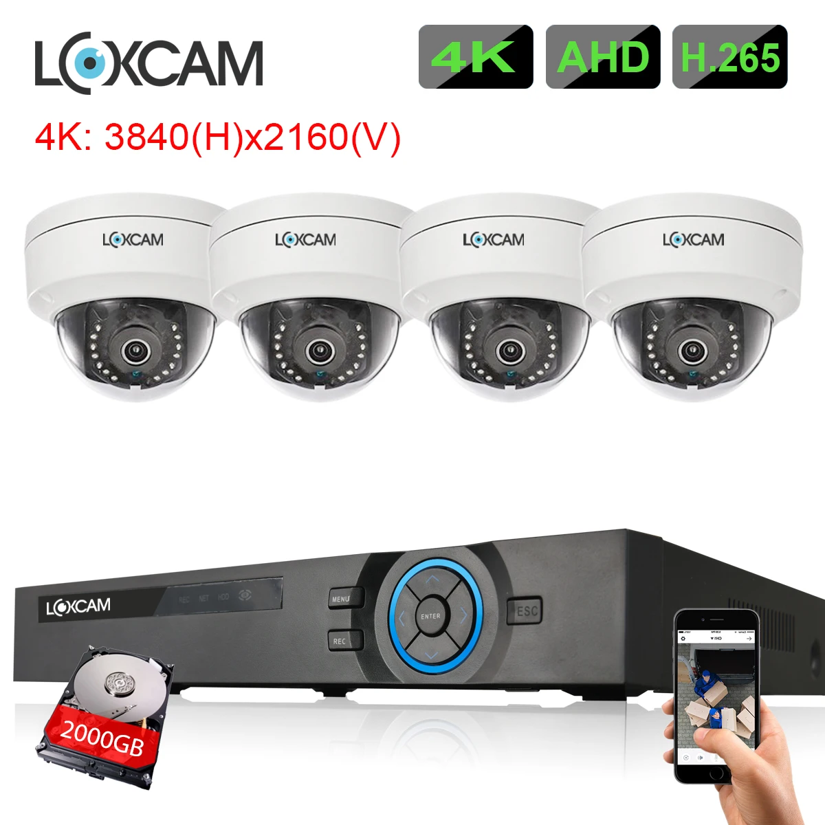 

LOXCAM h.265+ 4CH 4K Ultra HD CCTV DVR System 8MP IP66 Metal indoor outdoor VandalProof Camera kit video surveillance system 2TB