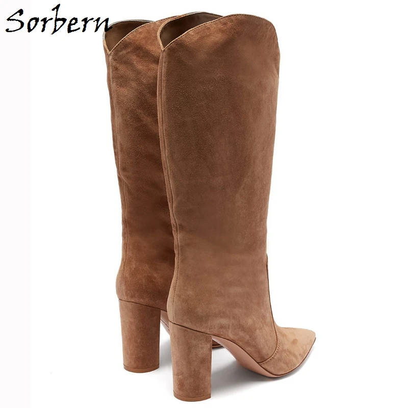 Sorbern; коллекция года; Botas De Mujer; сапоги до колена на квадратном каблуке с острым носком размера плюс; замшевые Модные женские вечерние сапоги