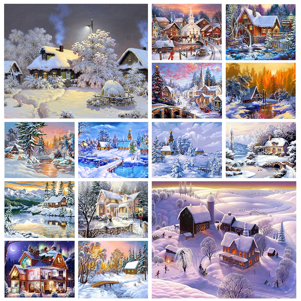 5D DIY Diamond Painting Landscape Winter House Full Square Rhinestone Embroidery Cross Stitch Kit Mosaic Picture Decoration Gift