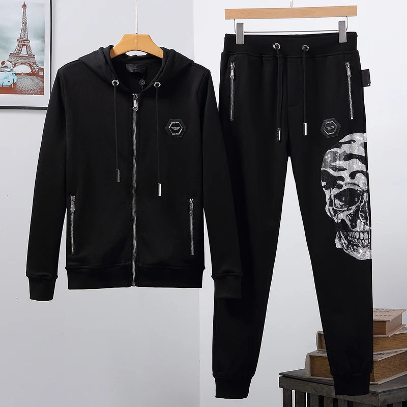 Hooded Sweatshirt Pants Zip-Plein PP 2-Piece Men Fashion And Skull Cotton Trajes-De-Hombre