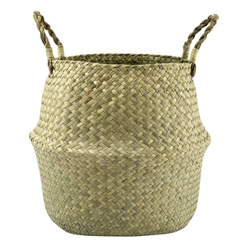 

Natural Seagrass Belly Basket, 31Cm Collapsible Handmade Plant Pot Planter Weave Tote Basket with Handle for Storage Laundry Hom