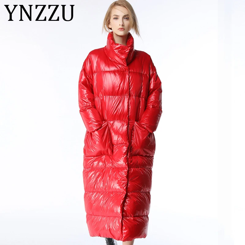 

YNZZU 2019 Winter Elegant Stand Collar Warm Women's Down Jacket Extra Long Glossy Red Christmas Duck Down Coat Plus Size A1240