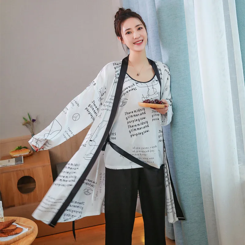 

2020 Spring And Autumn New Style Mixed Colors Printed Viscose Pajamas Korean-style Cardigan Camisole Trousers Imitated Silk Fabr