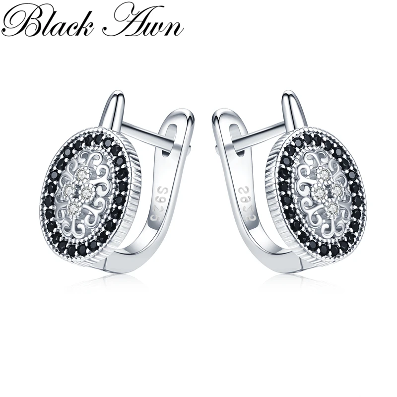 Black Awn aro-pendientes de plata de primera ley y espinela para mujer, aretes pequeños, plata esterlina 925, estilo clásico, redondo y negro, joya fina, I149