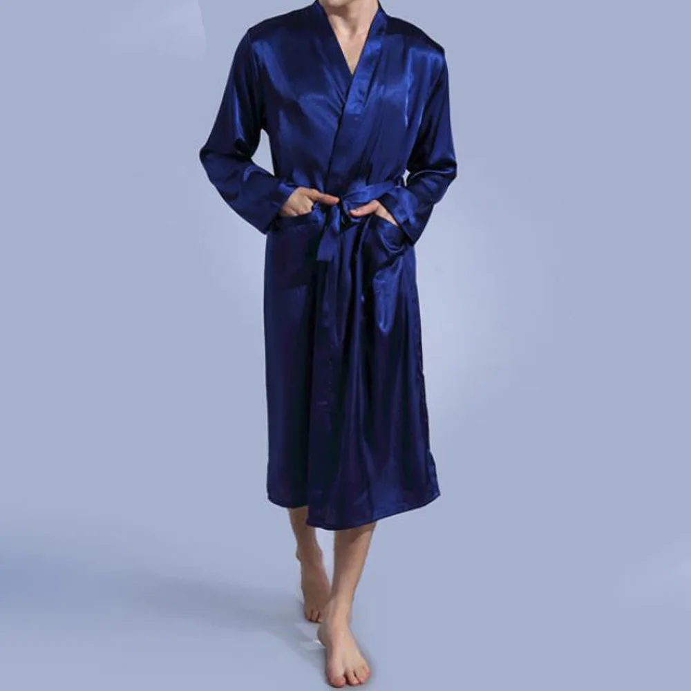 Mens Silk Satin Pajamas Long Sleeve Solid Sleepwear Robes Kimono Pyjamas Male Bathrobe Nightgown Men Loungewear Dressing Gown