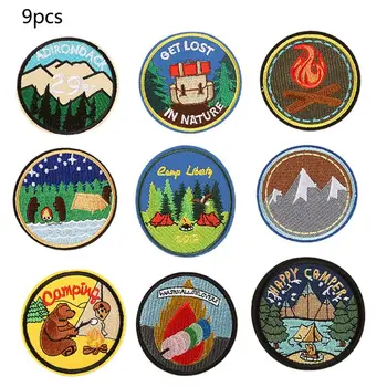 

9Pcs Round Sewing Patch Scenery Outdoor Animal Badge DIY Embroidered Appliques F3MD