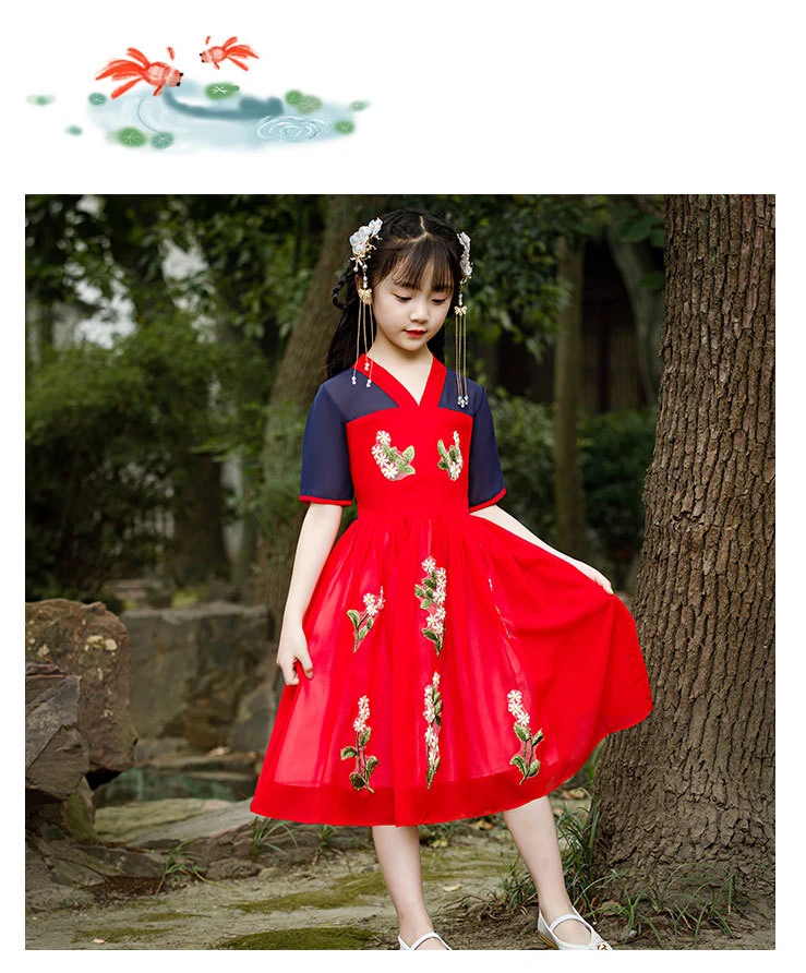 Hanfu/красное шифоновое летнее платье для девочек; оригинальное улучшенное платье для девочек в стиле ретро и китайском стиле; осеннее платье для фотосессии в национальном стиле