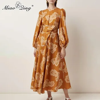 

MIAOQING Vintage Print Dress For Women Lantern Long Sleeve O Neck High Waist Lace Up Dresses Female Fashion Autumn New 2019