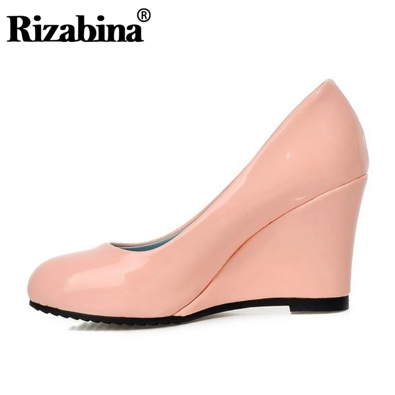 

RIZABINA Women' Pumps Patent Leather Round Toe Wedges Shoes Women Office Ladies Daily Party Chunky Heels Footwear Size 34-39