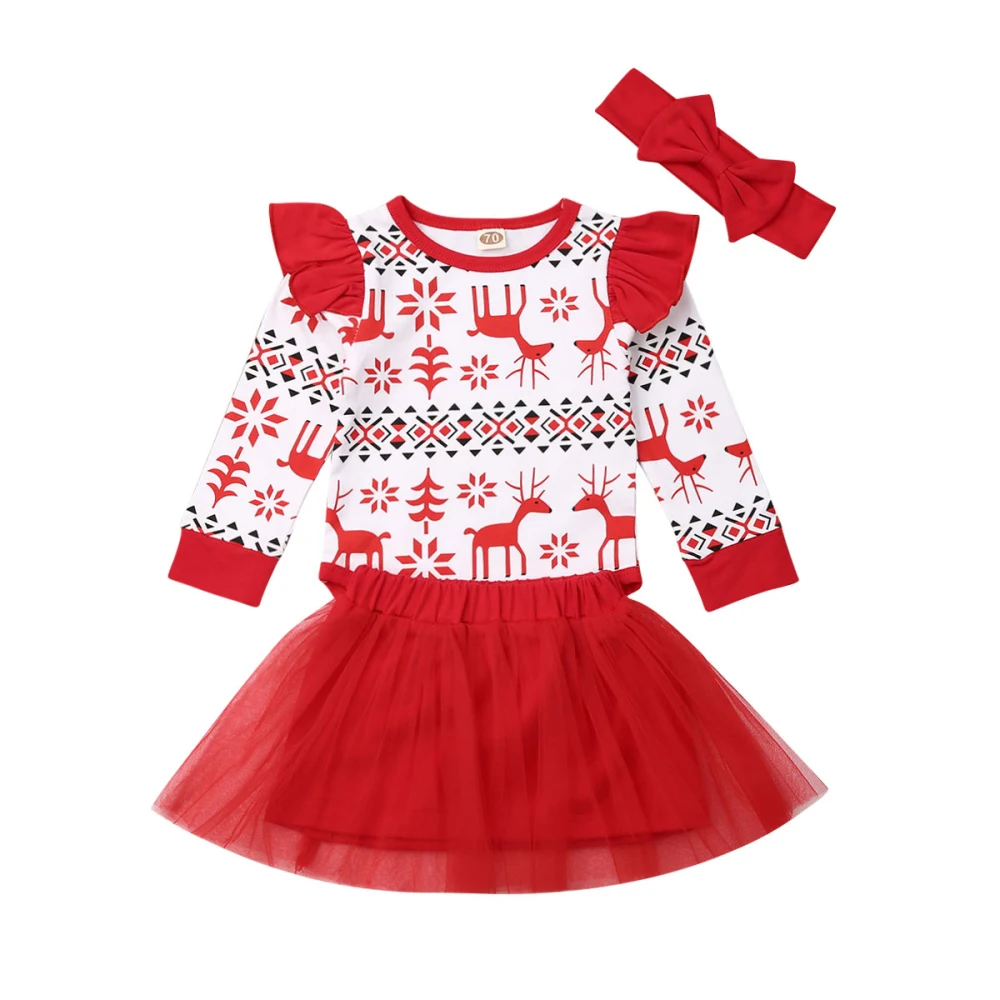 Комплект одежды из 3 предметов с рождественским оленем для девочек, Детский комбинезон с длинными рукавами, юбка-пачка, детские топы и штаны
