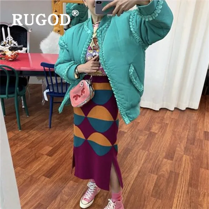 RUGOD корейский стиль плиссированная зимняя куртка женская теплая удобная зеленая укороченная зимняя куртка модное