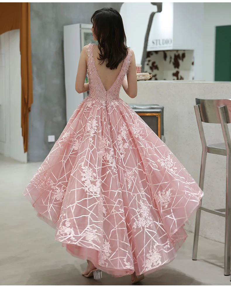Sexy Backless Pink High Low Prom Dresses 2019 Plus Size V-neck Feather Sequined Lace Short Front Long Back Gala Dress