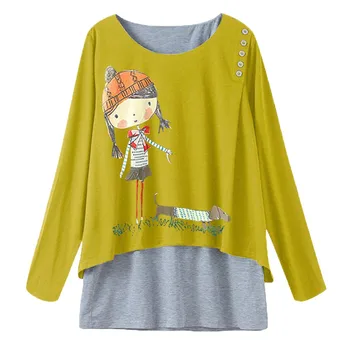 

Women Blouse 2020 Winter O-neck Casual Loose Button Double Layer Plus Size Button Print Blouse Tops #YL10