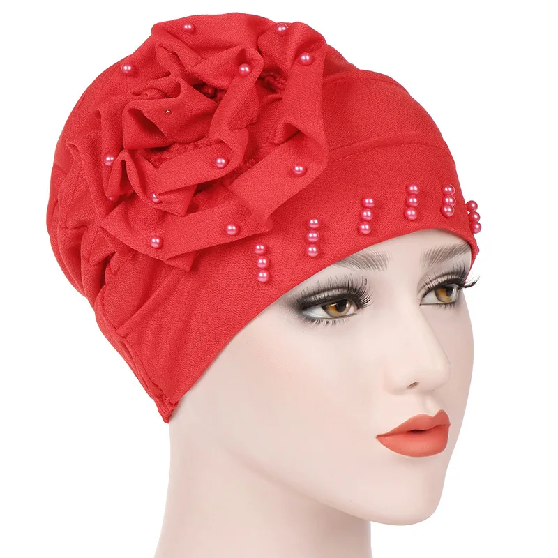

Trendy flower muslim hijab caps solid color wrap head Inner hijabs cotton Beads turban bonnet for women islamic underscarf cap