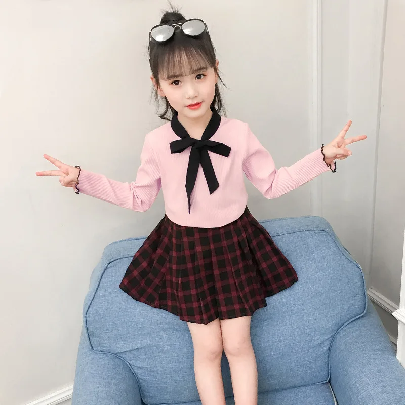 Осенняя одежда для девочек, 2 предмета детская одежда спортивный костюм для девочек, детские комплекты Весенняя рубашка с длинными рукавами и юбка
