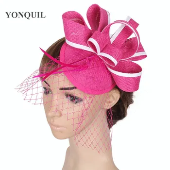 

Hot pink hair fascinator headband hat mesh headwear bridal elegant women ladies party race veils fedora hat hair clip net hats