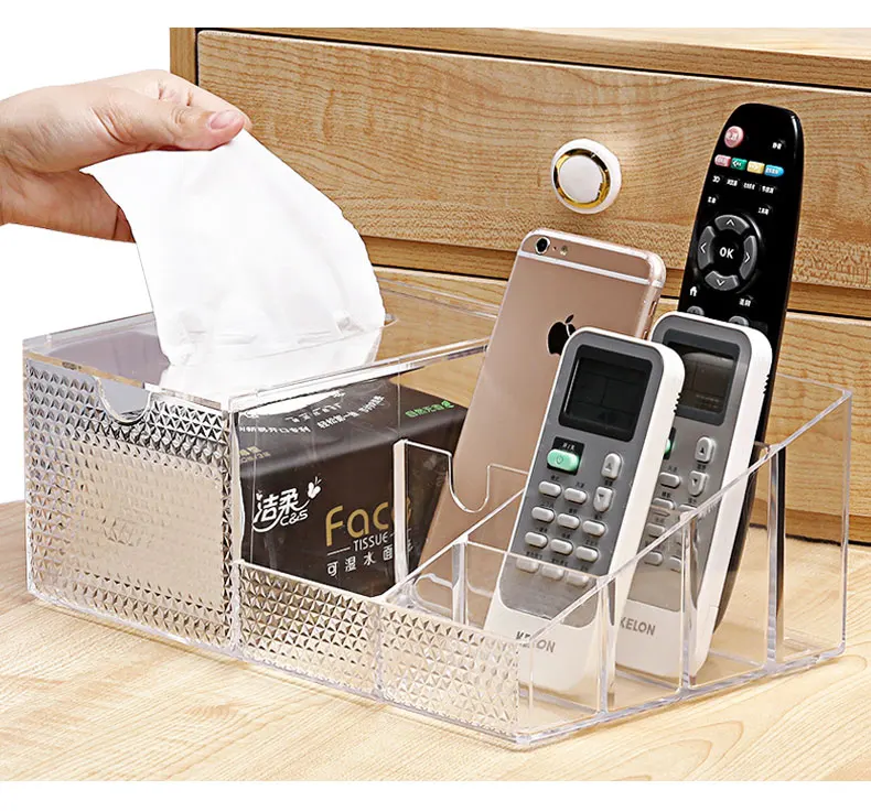 

Desktop remote control storage box living room coffee table transparent tissue box home creative multi-function tray