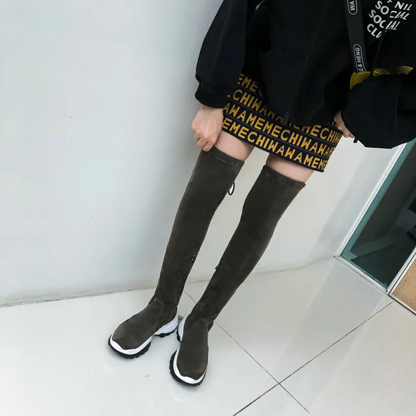 QUTAA Flock Elastic Long Boots Round Toe Lace Up Zipper Women Shoes Wedges Autumn Winter Over The Knee Boots Size 34-42