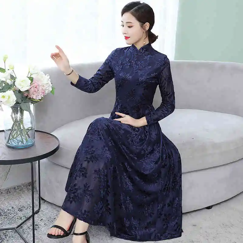 Navy blue Женское платье осеннее новое ретро Улучшенный чёнсам тонкое длинное платье большого размера elegant высококачественное элегантное платье - Цвет: Navy blue