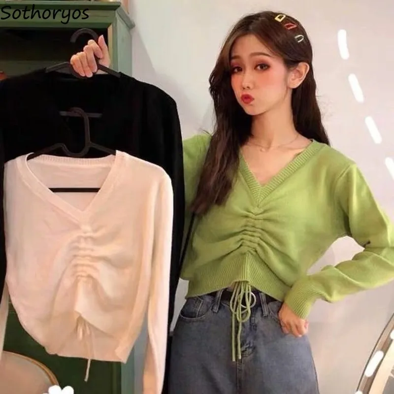 Jersey de punto liso con cuello en V para mujer, suéteres elegantes y plisados de talla grande 2XL, estilo coreano, finos y elegantes, para uso diario