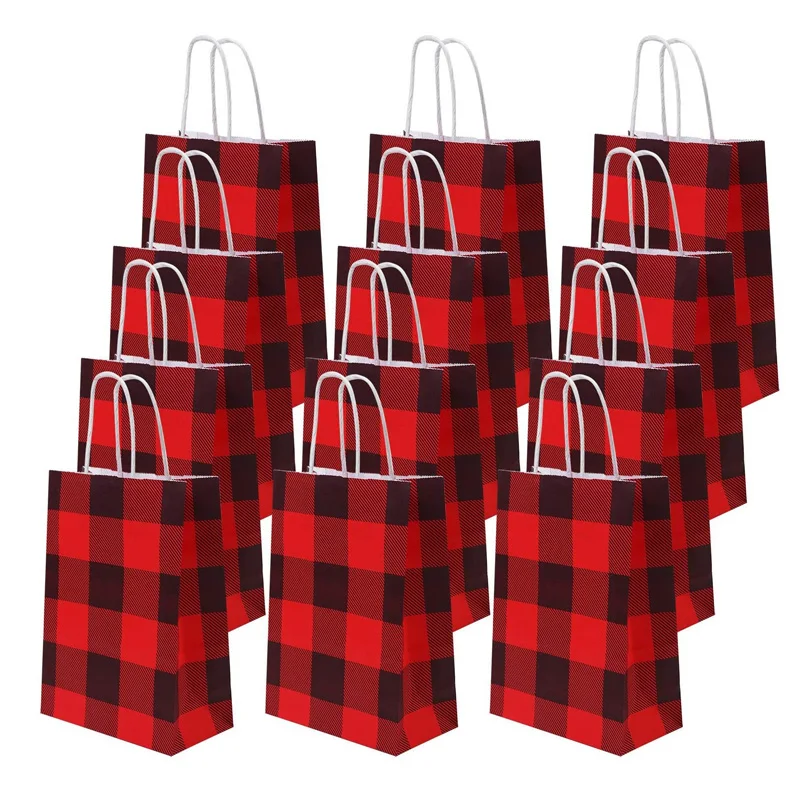 100 Teile/los Rot und Schwarz Plaid Weihnachten Papier Party Taschen Kraft Geschenk Tasche mit Griff für Weihnachtsfeiern – Detail 1