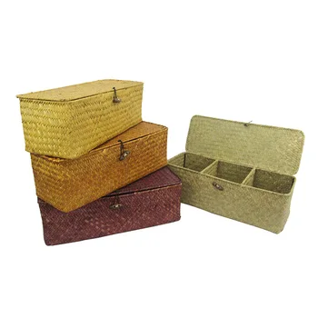 

3 Grid Handmade Storage Basket Seagrass Cosmetic Organizer With Lid TV Control Holder Rattan Jewelry Sundries Container