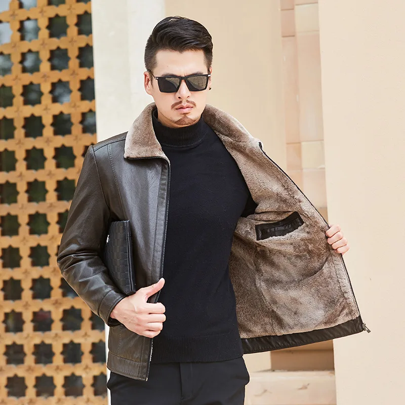 

Winter Leather Coat Men's 2019 New Style Middle-aged Fold-down Collar plus Velvet Fur Plus-sized MEN'S Leather Jacket