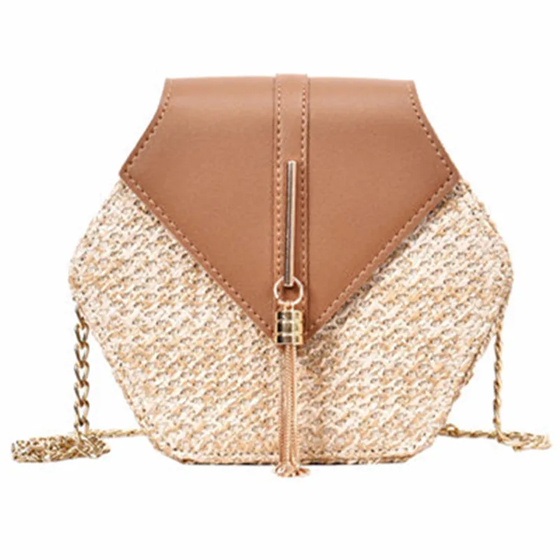 Hexagon Style Straw+leather Handbag Women Summer Rattan Bag Handmade Woven Beach Circle Bohemia Shoulder Bag