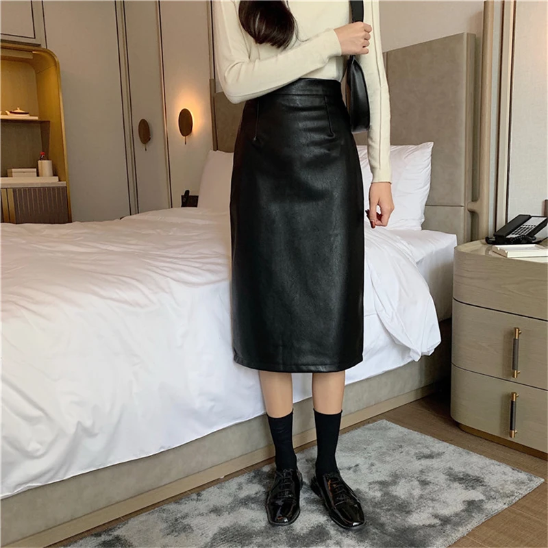 BGTEEVER Vintage PU Leather Straight Skirts for Women High Waist Slit Package Hip Skirts Faux-leather Bodycon Female Skirt