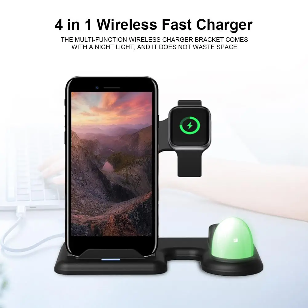 

4 In 1 Wireless Charger LED Night Lights Multifunctional Fast Charging Stand With Night Light For Watch Mobile Phone Headsets