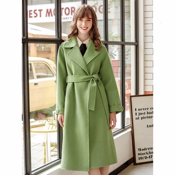 

Belt long double Wool Winter Coat Women slim Avocado green jacket Modis coats 2019 autumn and winter new arrival