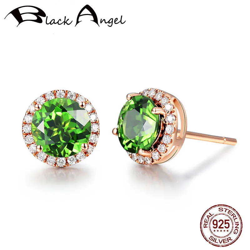 

BLACK ANGEL 925 Silver Green Tourmaline Stud Earrings For Women Luxury Emerald Gemstone Wedding Gift Ear Jewelry Dropshipping