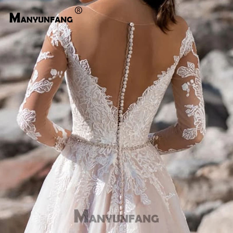 Vestidos De Boda с длинными рукавами, с блестками, тюль, Brautkleid, пояс с кристаллами, Простые Свадебные бутоньерки с прозрачной тюлевой спиной, свадебные платья