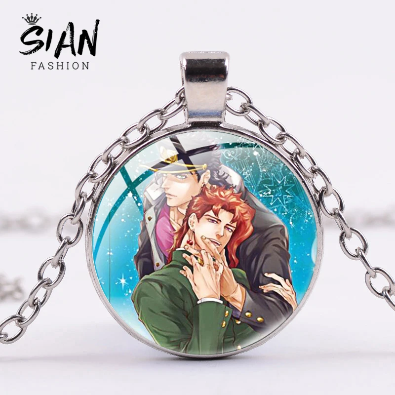 SIAN JoJos Bizzare Adventure Glass Gem Necklace Popular Anime Collection Cabochon Pendant Silver Color Long Chain | Украшения и